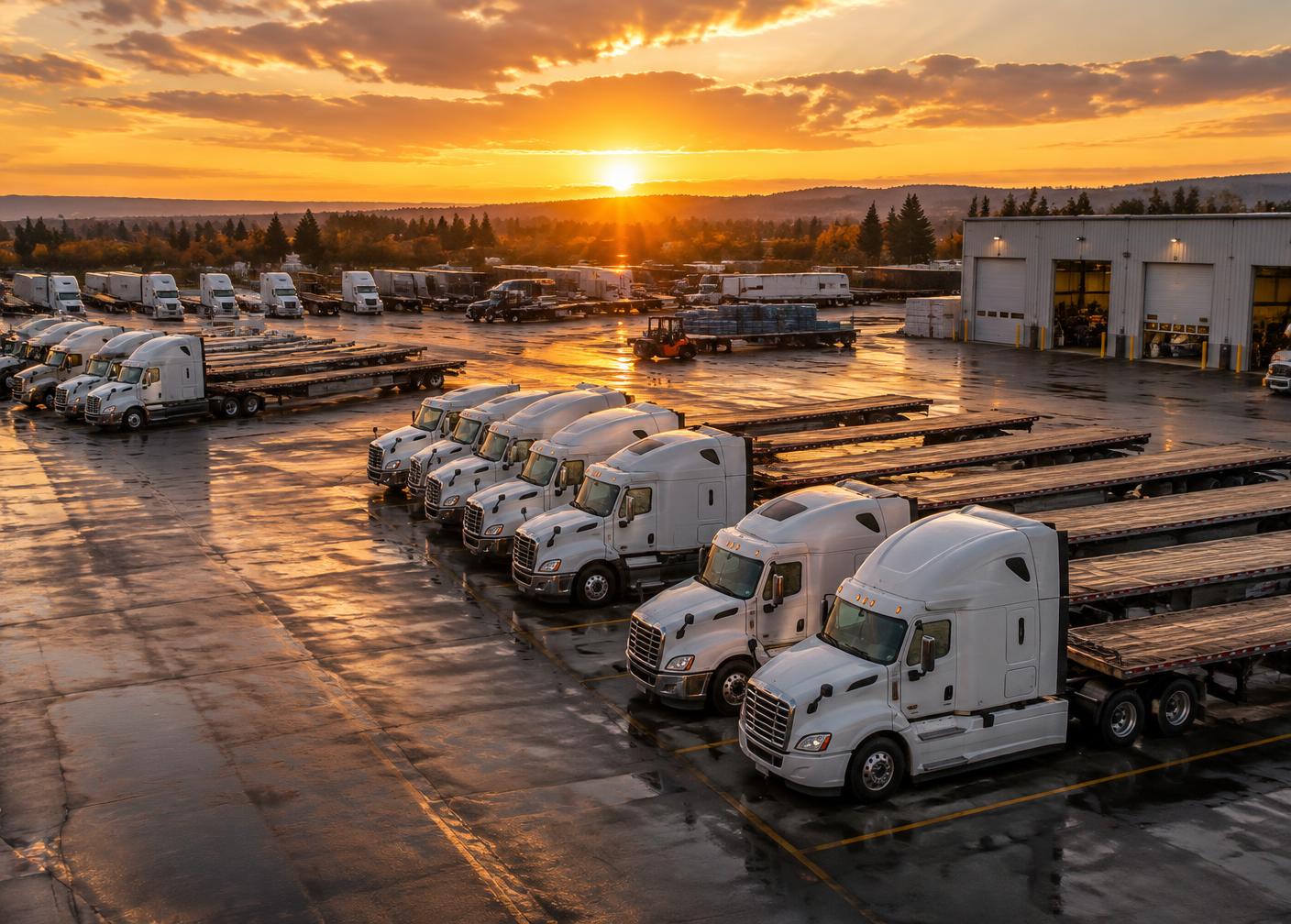 Pátio com frota de caminhões e trailers flatbed ao pôr do sol